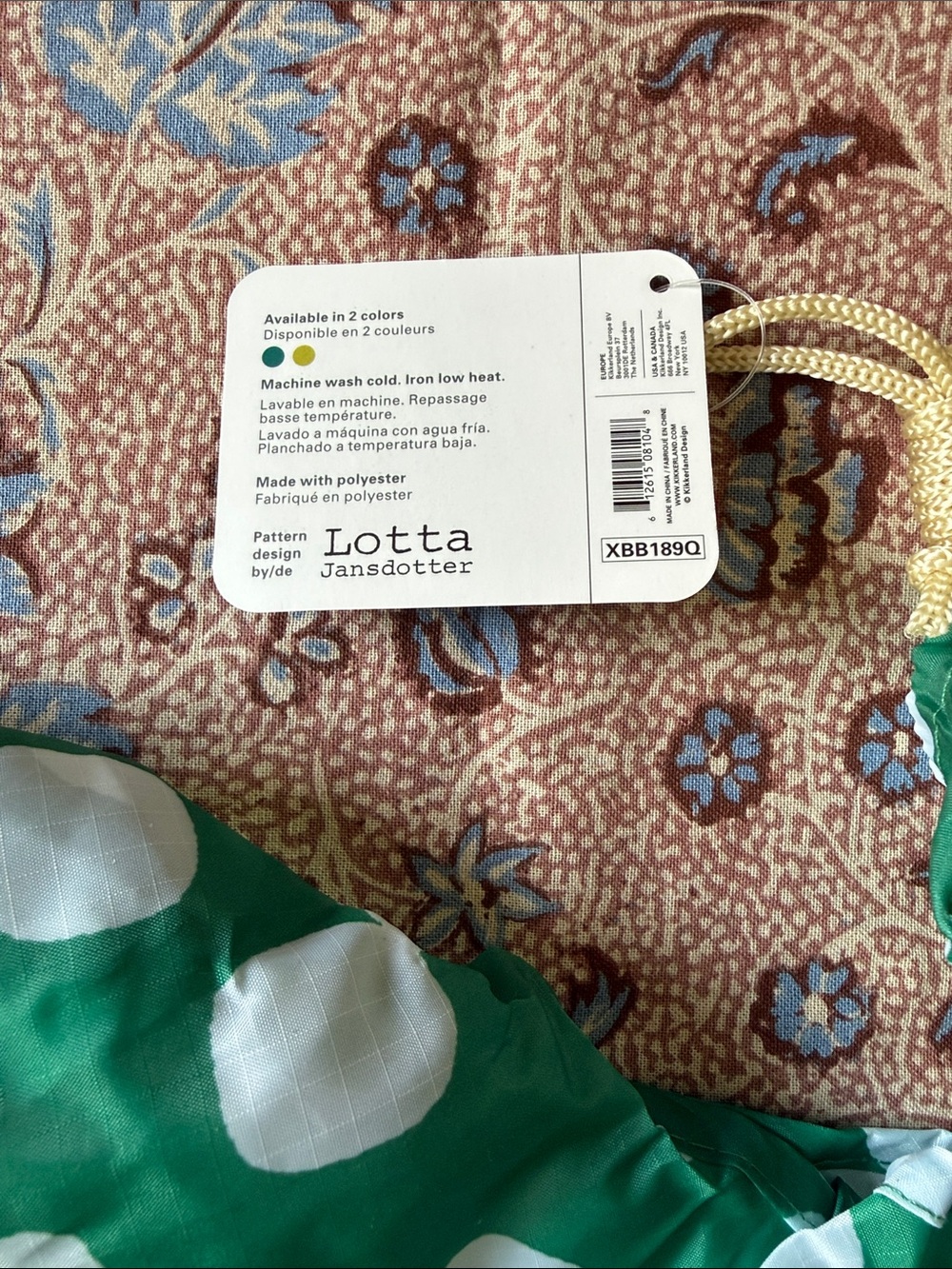 🆕 Kikkerland Lotta Jansdotter Reusable Tote/Shopping Bag lucky green polka dots - Picture 5 of 5